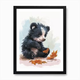 Sloth Bear Cub Playing With A Fallen Leaf Storybook Illustration 3 Art Print