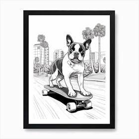 Boston Terrier Dog Skateboarding Line Art 1 Art Print