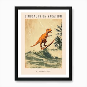 Vintage Carnotaurus Dinosaur On A Surf Board 3 Poster Art Print