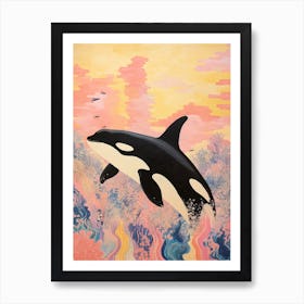 Rainbow Waves Orca Crayon Drawing 1 Art Print