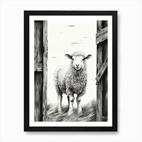 Sheep In Wooden Barn Black & White Illustration Art Print