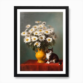 Painting Of A Still Life Of A Daisies With A Cat, Realism 4 Art Print