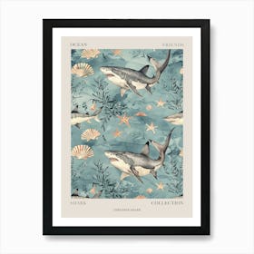 Pastel Blue Thresher Shark Watercolour Seascape Pattern 1 Poster Art Print