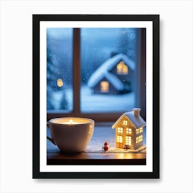 Macro Photography Of A Cup Cradling A Miniature House Windows Aglow With Warm Light Snow Covered T Art Print