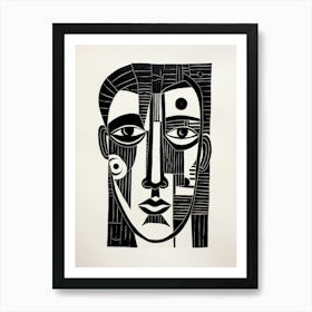 Linocut Inspired Face Black & White 2 Art Print