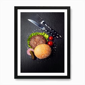 Burgers and tomatoes — Food kitchen poster/blackboard, photo art 1 Art Print
