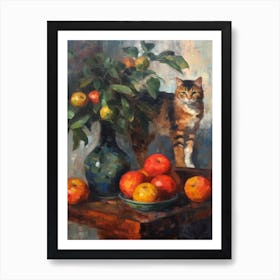 Flower Vase Dahlia With A Cat 2 Impressionism, Cezanne Style Art Print