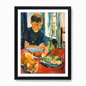 Portrait Of A Boy With Cats Having Dinner 6 Art Print