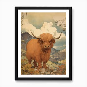 Animated Highland Cow Warm Tones Art Print