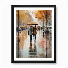 Amsterdam cafes, autumn season, rain, autumn oil colours.Faded colours,People passing on the street, winter clothes, rain umbrellas.12 1 Art Print