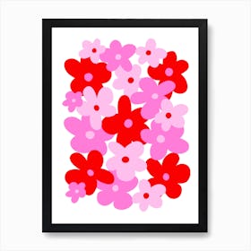 Pink And Red 70s Retro Flower Pattern Art Print