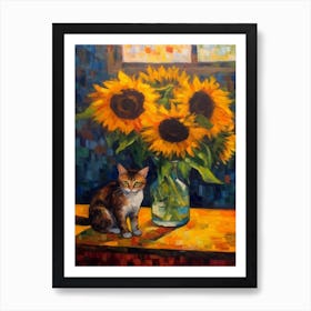 Flower Vase Sunflower With A Cat 2 Impressionism, Cezanne Style Art Print