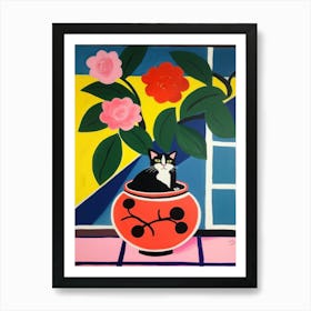 A Painting Of A Still Life Of A Camellia With A Cat In The Style Of Matisse  3 Art Print