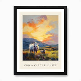 Scottish Highlands Cow & Calf At Sunset Art Print