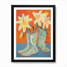 Painting Of Yellow Flowers And Cowboy Boots, Oil Style 12 Art Print