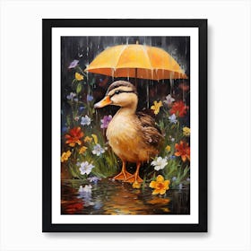Duck With An Umbrella & Flowers Painting 3 Art Print