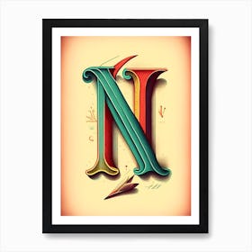 N, Letter, Alphabet Vintage Sketch 1 Art Print