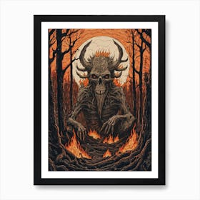 Terrifying Demon of the Forest - Fiery Woods and Red Eyes on a Full Moon, In the Style of Vintage Line Art, Pagan Gothic Horror Creepy Occult Devil Worship Evil Summoning Reckoning Pagan Woods HD Art Print