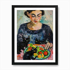 Portrait Of A Woman With Cats Eating A Salad  1 Art Print