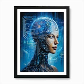 Abstract Painting Of A Cybernetic Human Head Integrating Seamlessly With A Futuristic Security Conce (3) Art Print