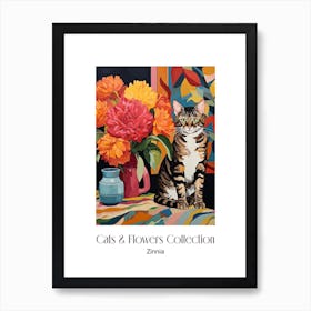 Cats & Flowers Collection Zinnia Flower Vase And A Cat, A Painting In The Style Of Matisse 2 Art Print