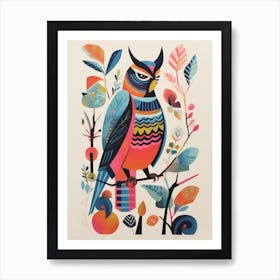 Colourful Scandi Bird Great Horned Owl 3 Art Print