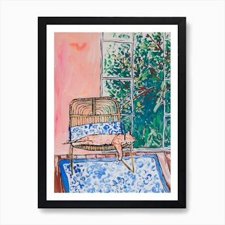Napping Ginger Cat In Pink Garden Room Art Print