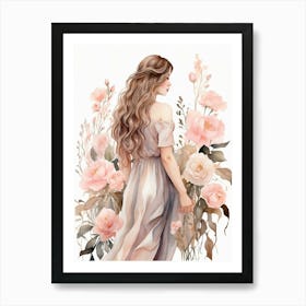 Watercolor Girl With Roses Art Print