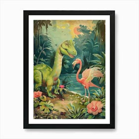 Dinosaur & Flamingo Vintage Storybook Painting Art Print