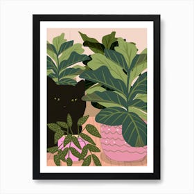 Black Cat And Pink Pot Art Print