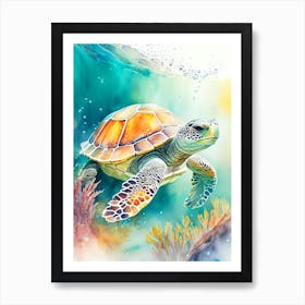 A Single Sea Turtle In Coral Reef, Sea Turtle Storybook Watercolours 3 Art Print