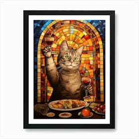 Mosaic Of A Cat Enjoying Wine At A Feast Art Print