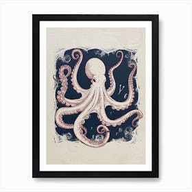 Red Octopus In The Ocean Linocut Inspired  3 Art Print