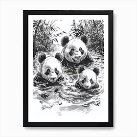 Giant Panda Family Swimming In A River Ink Illustration 2 Art Print
