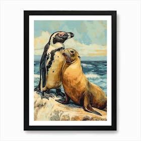 Galapagos Penguin Sea Lion Island Colour Block Painting 6 Art Print