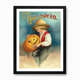 Boy Is Carving A Pumpkin Art Print