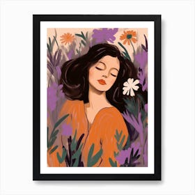 Woman With Autumnal Flowers Lavender 1 Art Print