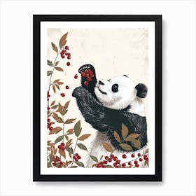 Giant Panda Standing And Reaching For Berries Storybook Illustration 1 Art Print