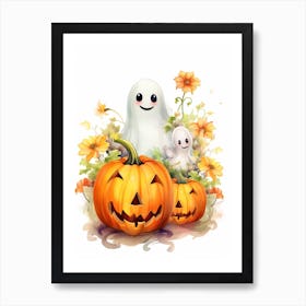 Cute Ghost With Pumpkins Halloween Watercolour 137 Art Print