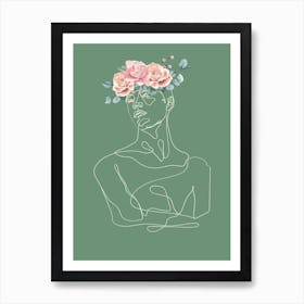 One-Line Woman With Flowers Head Art Print
