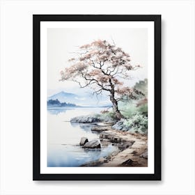 Lake Toya In Hokkaido, Japanese Brush Painting, Ukiyo E, Minimal 4 Art Print