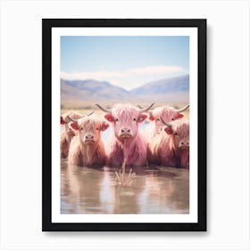 Highland Cows In The River Pink Realistic Photography  1 Art Print