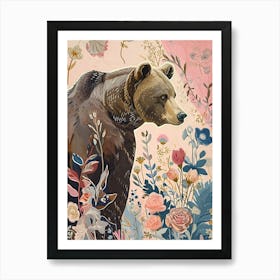 Floral Animal Painting Grizzly Bear 1 Art Print
