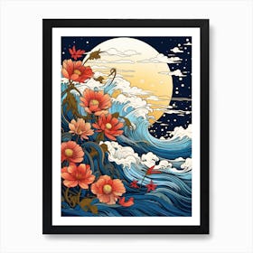 Great Wave With Cosmos Flower Drawing In The Style Of Ukiyo E 4 Art Print