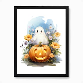 Cute Ghost With Pumpkins Halloween Watercolour 105 Art Print
