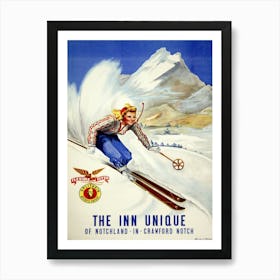 The Inn Unique, Notchland, Crawford Notch Skiing Poster Art Print