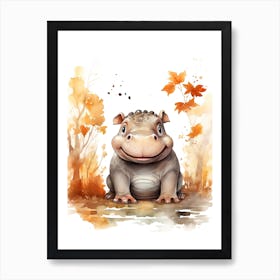 Hippopotamus Watercolour In Autumn Colours 0 Art Print