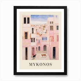 Mykonos Greece 1 Vintage Pink Travel Illustration Poster Art Print