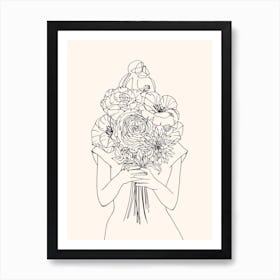 Woman With Flower Bouquet - line drawing Art Print