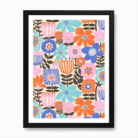 Textured Mod Art Florals Collage - Blue Pink Orange Black Art Print